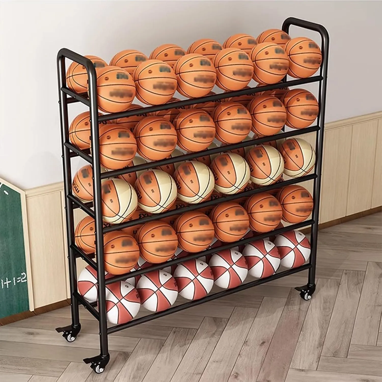 Heavy Duty Metal Basketball/Soccer/Volleyball Storage Stand, 5-Tier Rolling Cart Ball Racks with Lockable Wheels, Sports Equipment Organizer for Garage, Basement, Gym, School(Black,140x35x155cm)