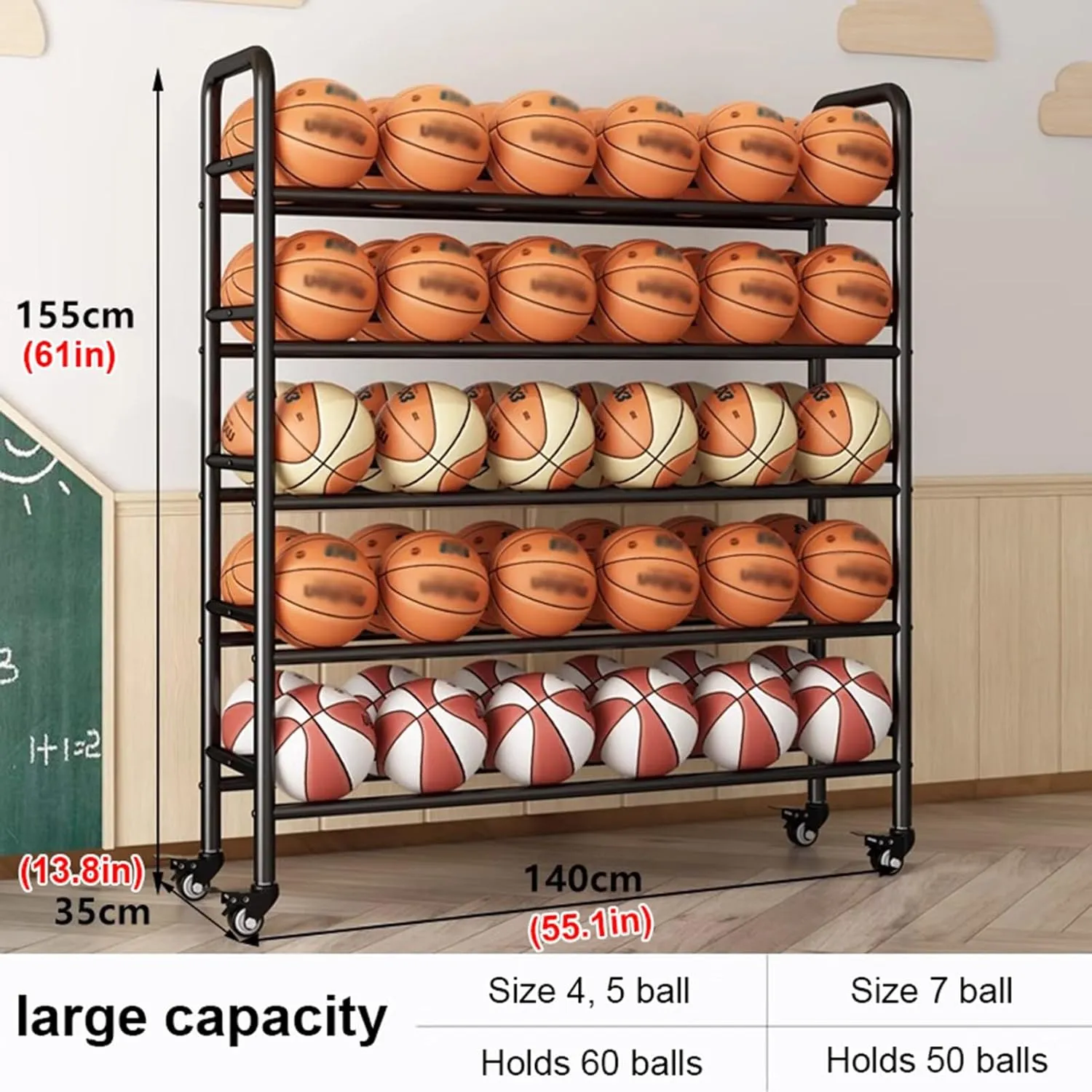 Heavy Duty Metal Basketball/Soccer/Volleyball Storage Stand, 5-Tier Rolling Cart Ball Racks with Lockable Wheels, Sports Equipment Organizer for Garage, Basement, Gym, School(Black,140x35x155cm)