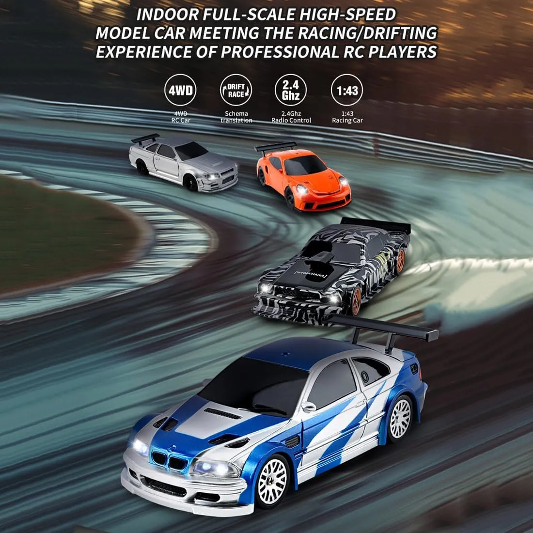 HERR RC Electric Mini Racing Drift Car Model 1:43 Scale 2.4G Full Scale Linkage Light Set Max Speed 15km/h Indoor Mini RC Toys (Gyroscope RTR Version, Black and White)