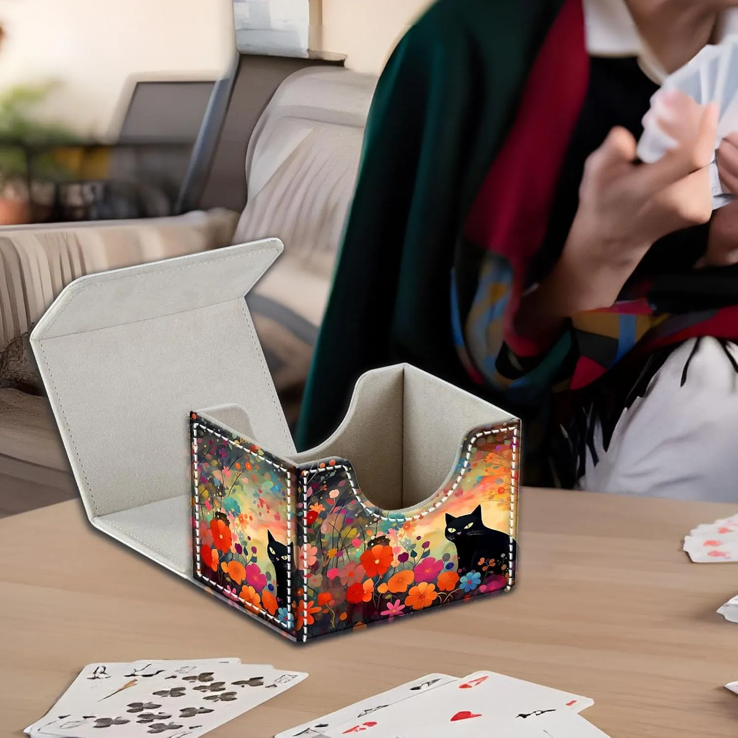 High-Capacity Card Deck Box Flower Black Cat Design - Ideal Trading Card Game Storage Solution with Compact Size, and Easy Access - PU Leather Fits for TCG CCG Magic Cards