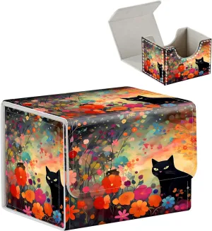 High-Capacity Card Deck Box Flower Black Cat Design - Ideal Trading Card Game Storage Solution with Compact Size, and Easy Access - PU Leather Fits for TCG CCG Magic Cards