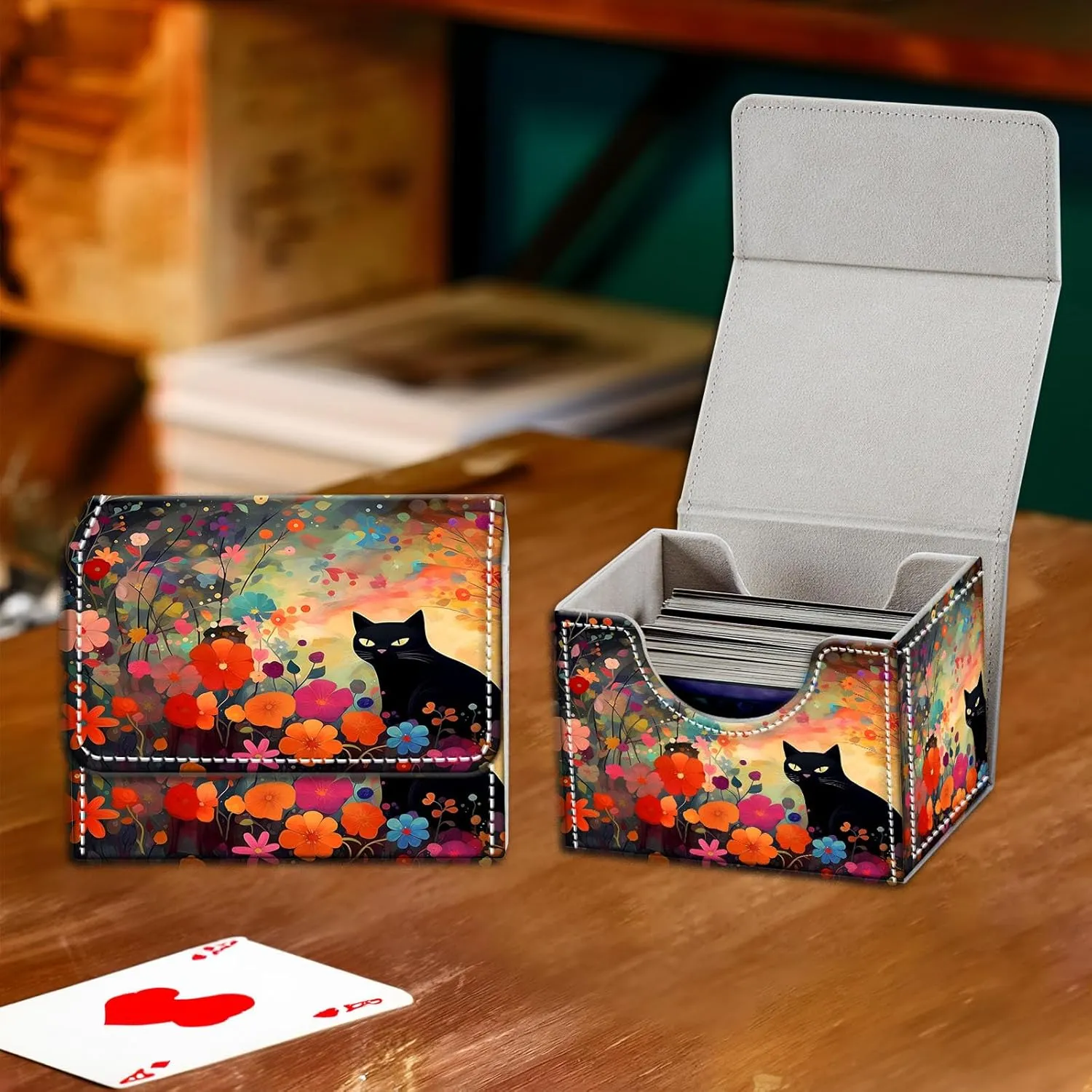 High-Capacity Card Deck Box Flower Black Cat Design - Ideal Trading Card Game Storage Solution with Compact Size, and Easy Access - PU Leather Fits for TCG CCG Magic Cards