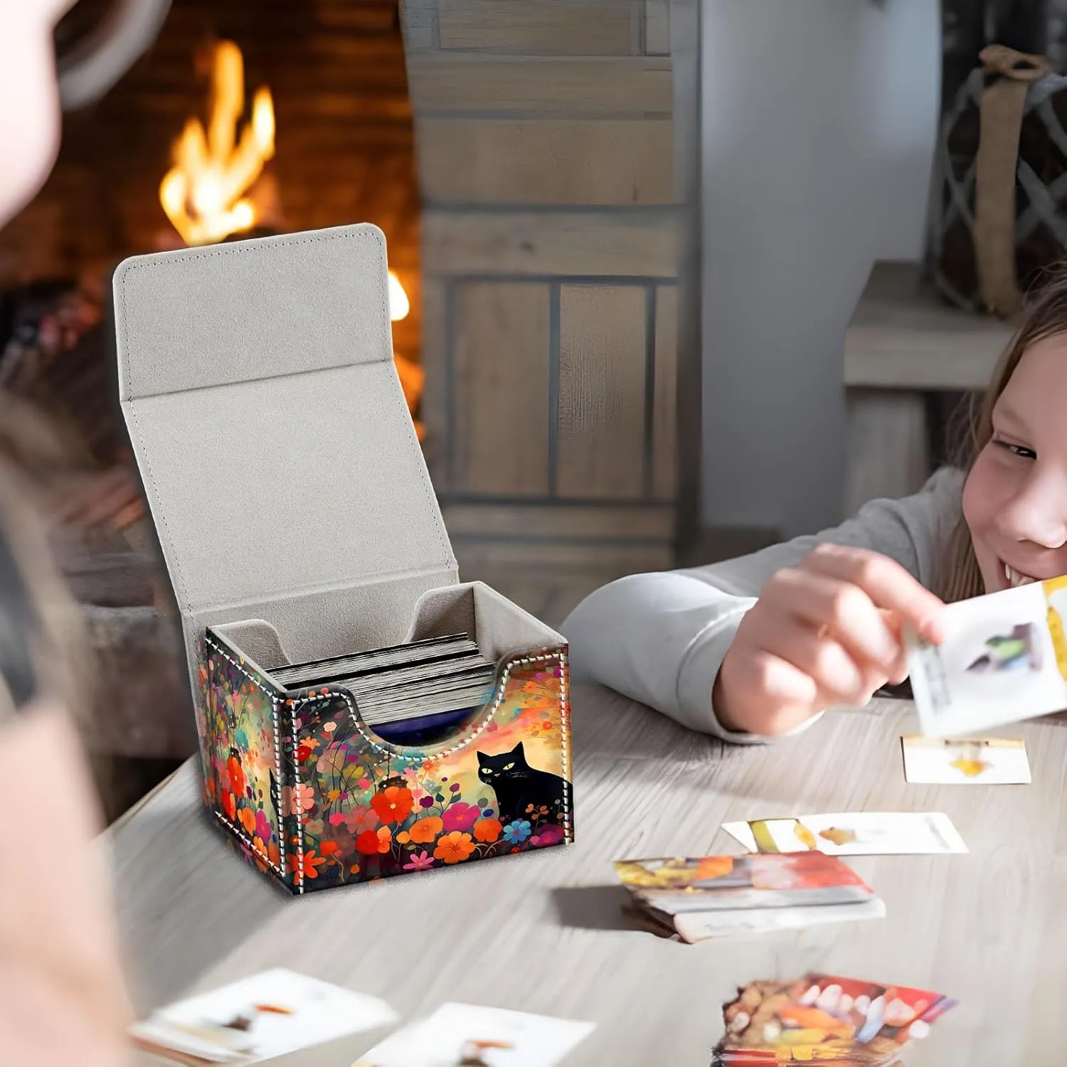 High-Capacity Card Deck Box Flower Black Cat Design - Ideal Trading Card Game Storage Solution with Compact Size, and Easy Access - PU Leather Fits for TCG CCG Magic Cards