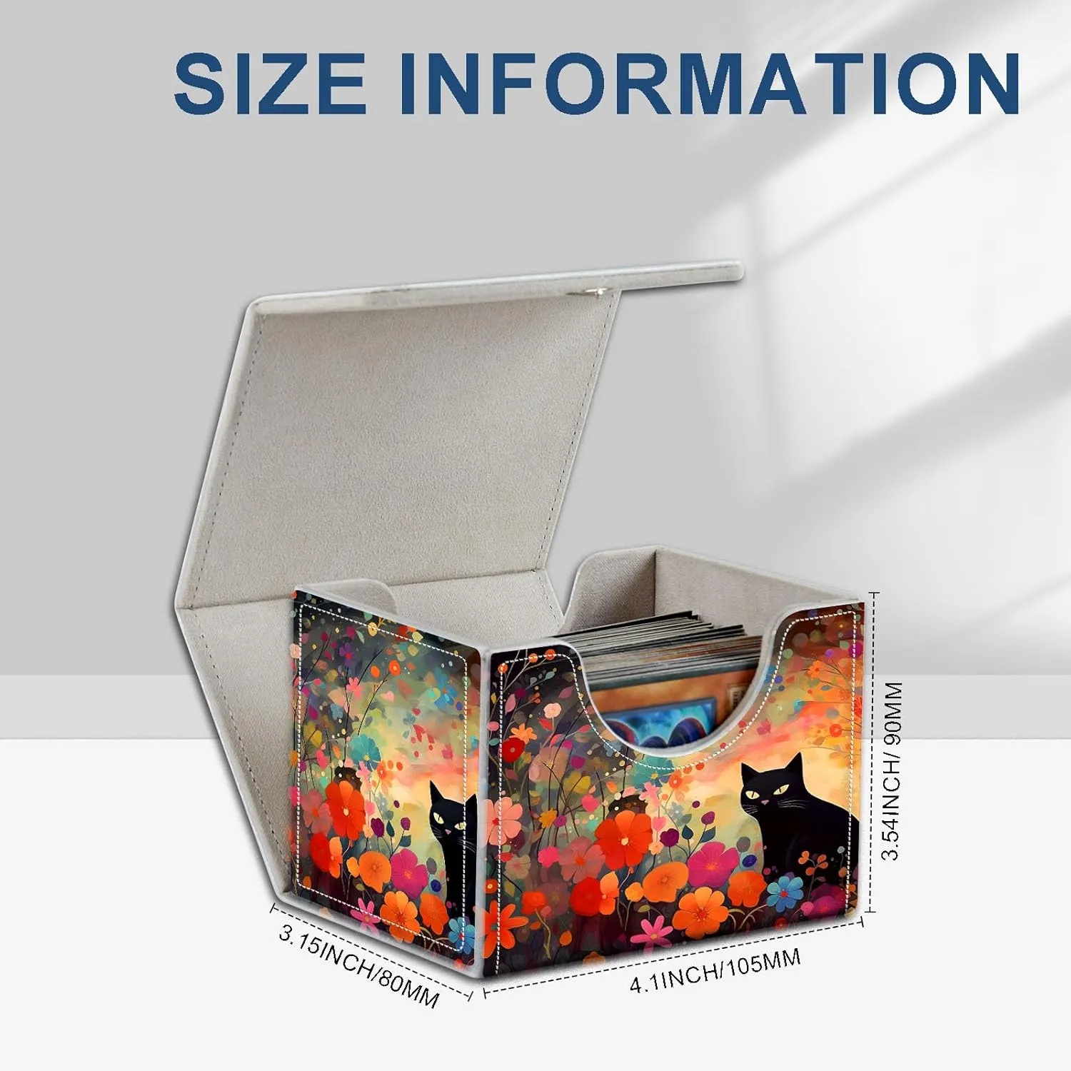 High-Capacity Card Deck Box Flower Black Cat Design - Ideal Trading Card Game Storage Solution with Compact Size, and Easy Access - PU Leather Fits for TCG CCG Magic Cards