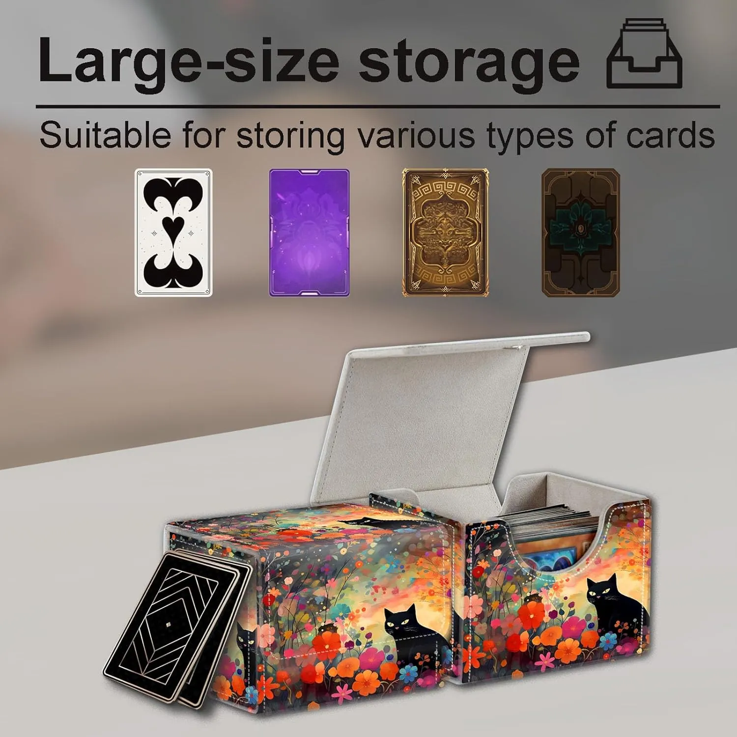 High-Capacity Card Deck Box Flower Black Cat Design - Ideal Trading Card Game Storage Solution with Compact Size, and Easy Access - PU Leather Fits for TCG CCG Magic Cards