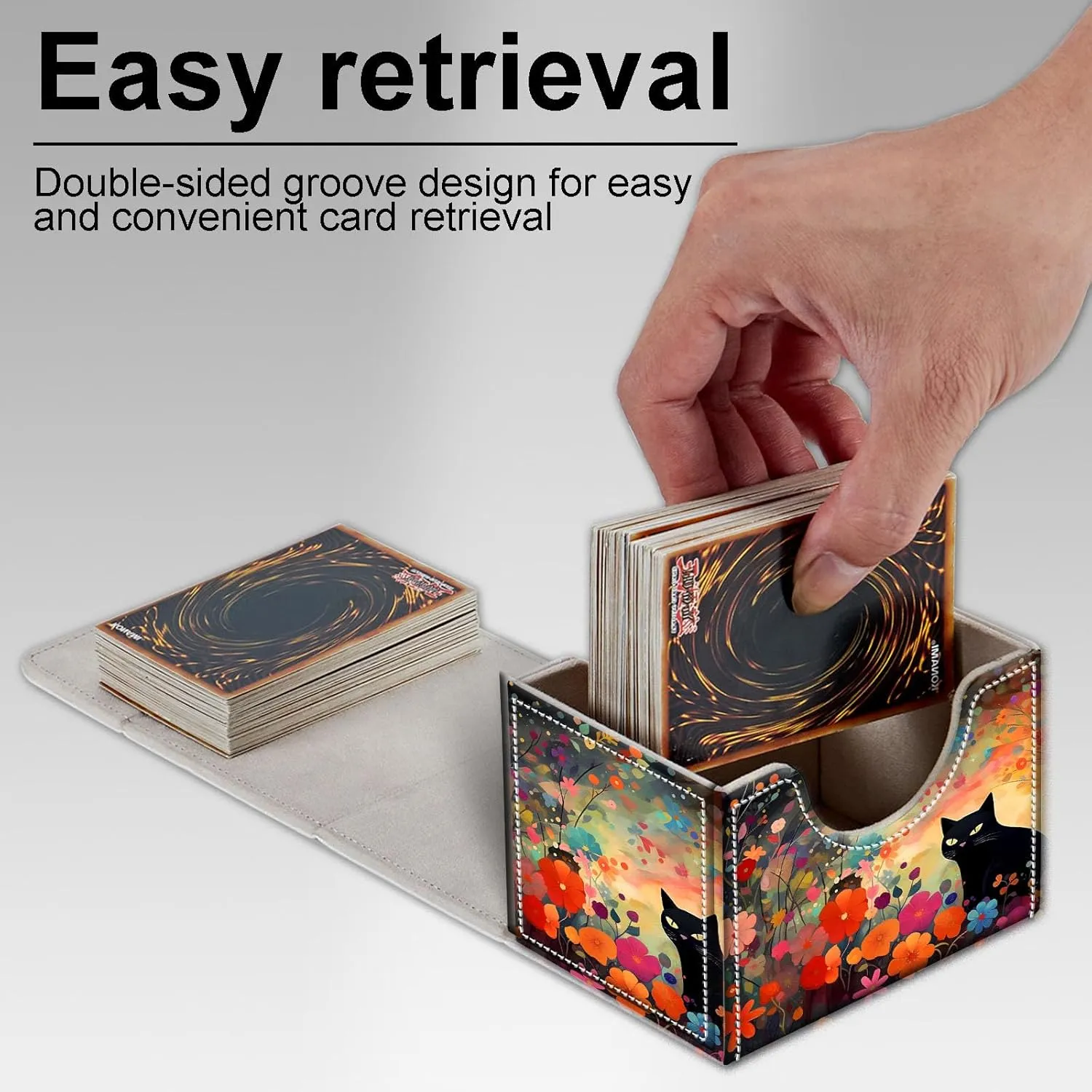 High-Capacity Card Deck Box Flower Black Cat Design - Ideal Trading Card Game Storage Solution with Compact Size, and Easy Access - PU Leather Fits for TCG CCG Magic Cards