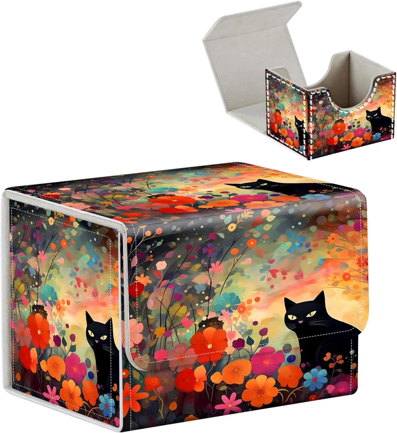 High-Capacity Card Deck Box Flower Black Cat Design - Ideal Trading Card Game Storage Solution with Compact Size, and Easy Access - PU Leather Fits for TCG CCG Magic Cards