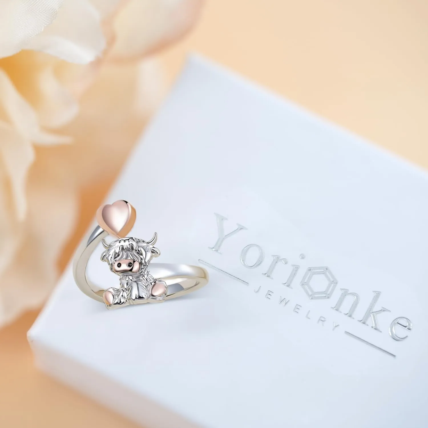 Highland Cow Open Ring 925 Sterling Silver Adjustable Cute Animal Open Rings with Loving Heart Cow Jewelry Gift for Women