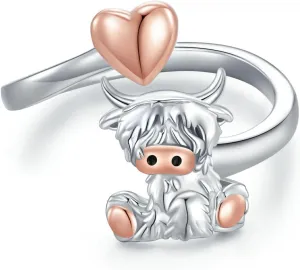 Highland Cow Open Ring 925 Sterling Silver Adjustable Cute Animal Open Rings with Loving Heart Cow Jewelry Gift for Women