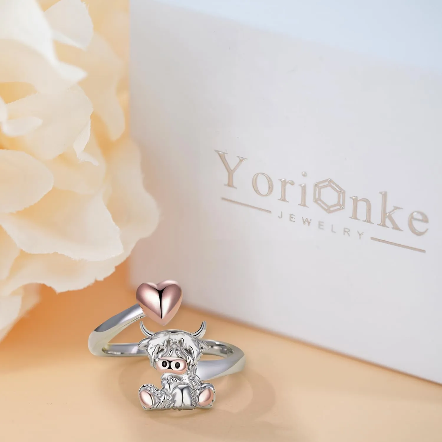 Highland Cow Open Ring 925 Sterling Silver Adjustable Cute Animal Open Rings with Loving Heart Cow Jewelry Gift for Women