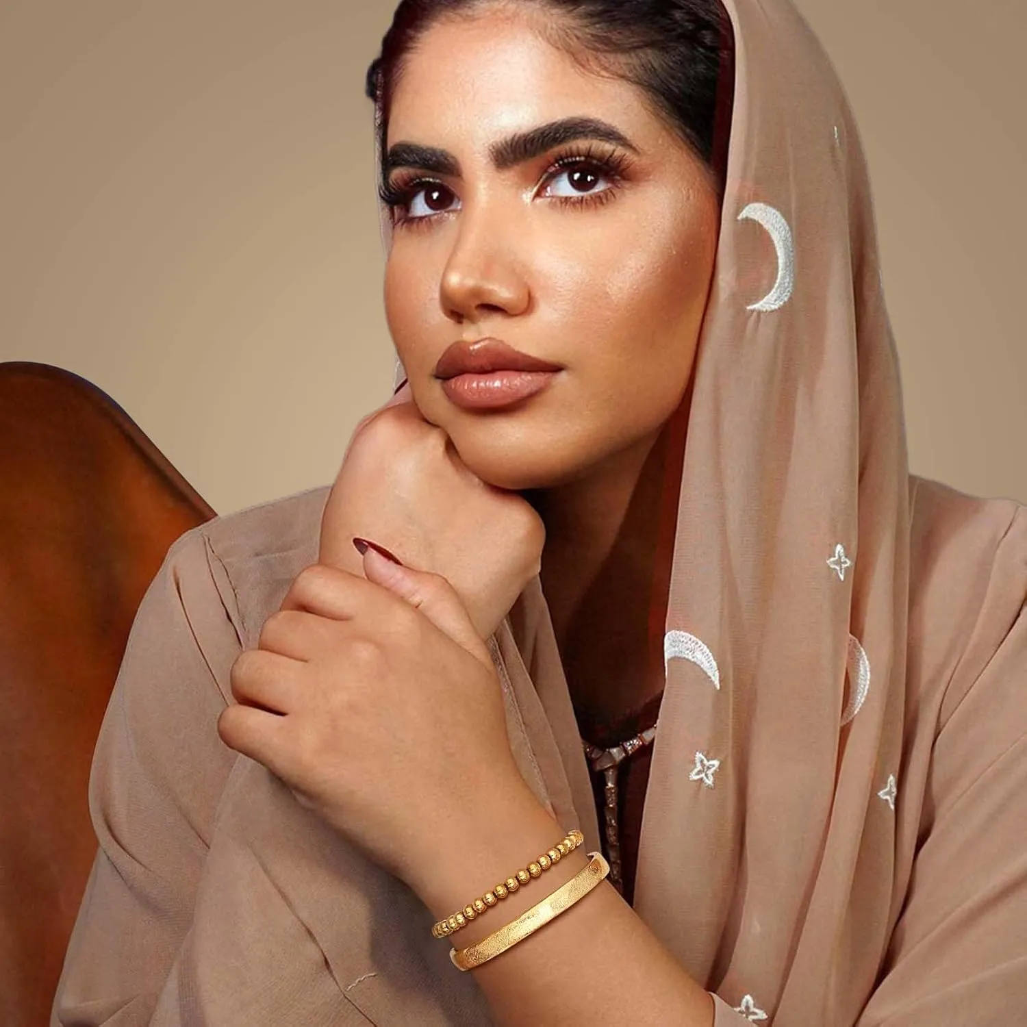 Hisatan Ramadan Eid Gifts for Women, 2 Pcs Gold Allah Ayatul Kursi Cuff Bracelet, Arabic Islamic Muslim Womens Stacking Bangle Beads Bracelet Jewelry with Gift Box