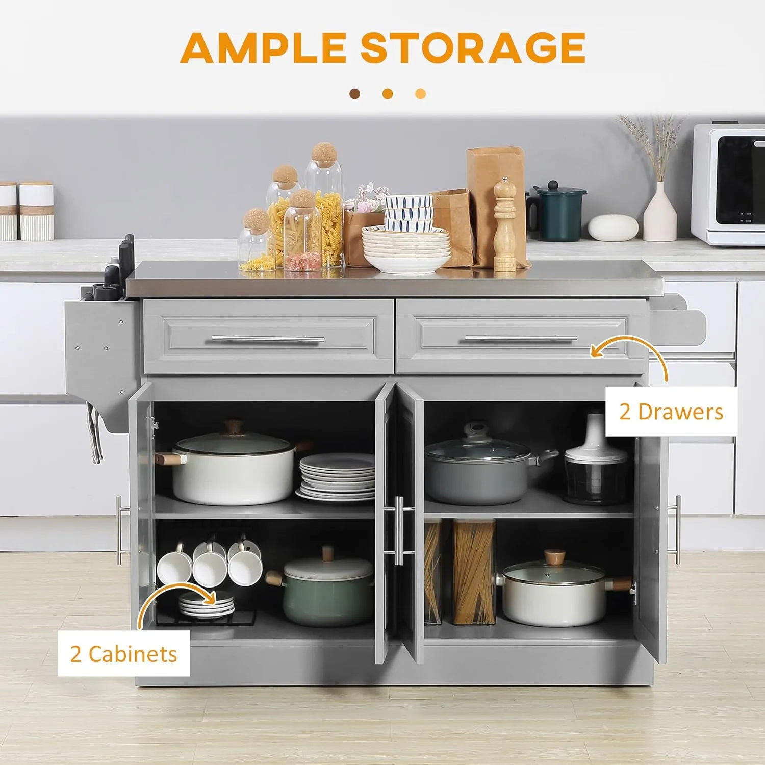 HOMCOM Rolling Kitchen Island Cart with Wheels, Portable Island Table for Kitchen with Stainless Steel Top, Adjustable Shelves, 2 Drawers, Spice, Knife and Towel Rack, Gray