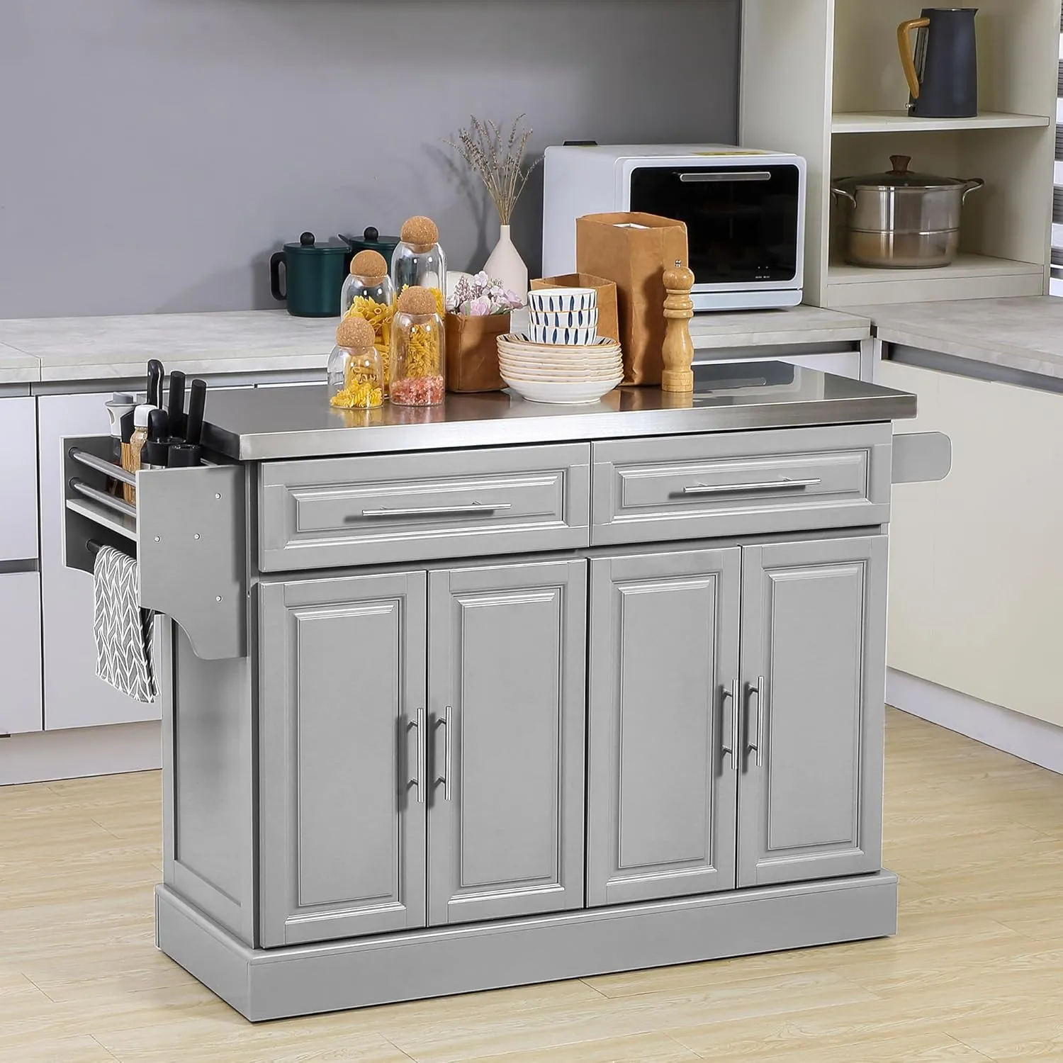 HOMCOM Rolling Kitchen Island Cart with Wheels, Portable Island Table for Kitchen with Stainless Steel Top, Adjustable Shelves, 2 Drawers, Spice, Knife and Towel Rack, Gray