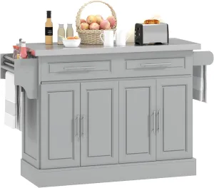 HOMCOM Rolling Kitchen Island Cart with Wheels, Portable Island Table for Kitchen with Stainless Steel Top, Adjustable Shelves, 2 Drawers, Spice, Knife and Towel Rack, Gray