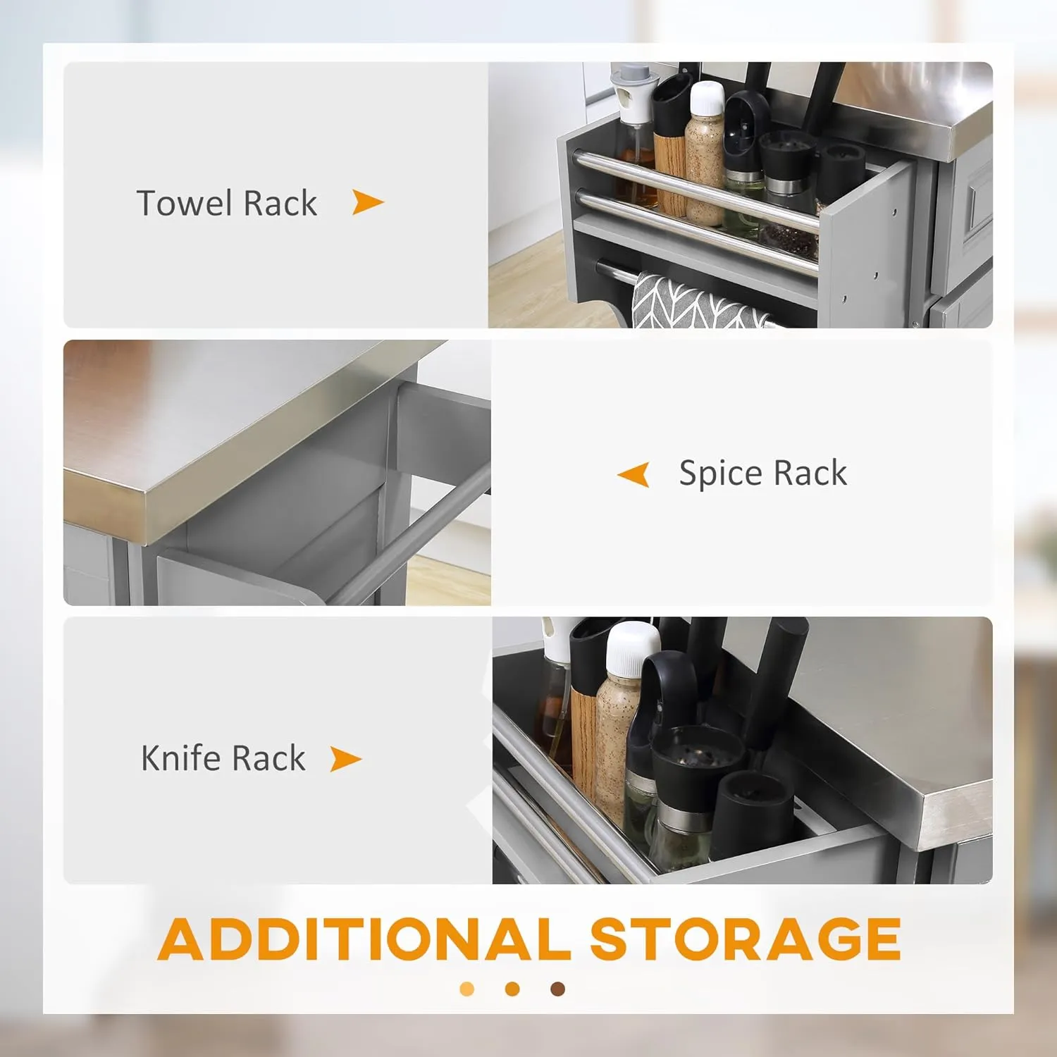 HOMCOM Rolling Kitchen Island Cart with Wheels, Portable Island Table for Kitchen with Stainless Steel Top, Adjustable Shelves, 2 Drawers, Spice, Knife and Towel Rack, Gray