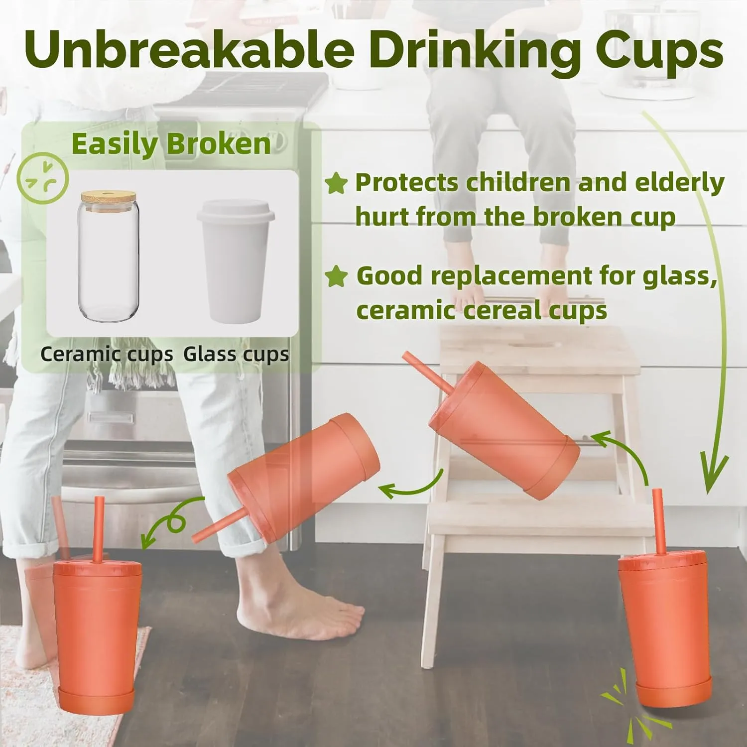 Homestockplus Reusable Wheat Straw Cups with Lids and Silicone Straws, 10 Oz Chip Resistant E-Co Friendly Small Water Cups for Milk, Drinks, Smoothies - 4 Colors