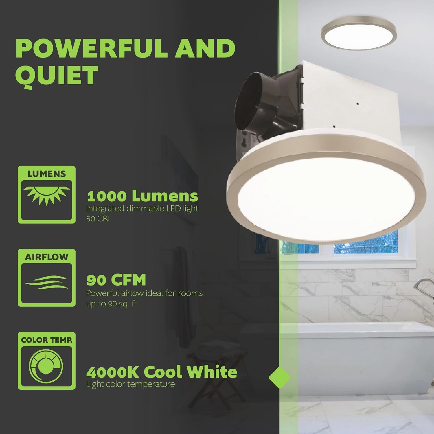 Homewerks 7105-09-BN Bathroom Fan with Light 90-CFM 1.5 Sones Round Ventilation Fan with Dimmable LED Light and Magnetic Trim Ring Brushed Nickel