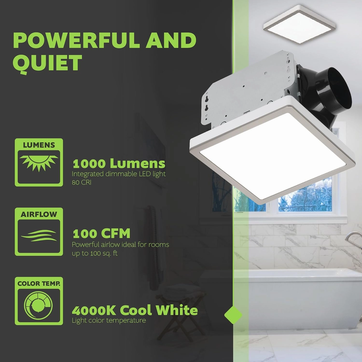 Homewerks 7105-12-BN Bathroom Fan with Light 100-CFM 2 Sones Square Ventilation Fan Dimmable LED Light and Magnetic Trim Ring Brushed Nickel