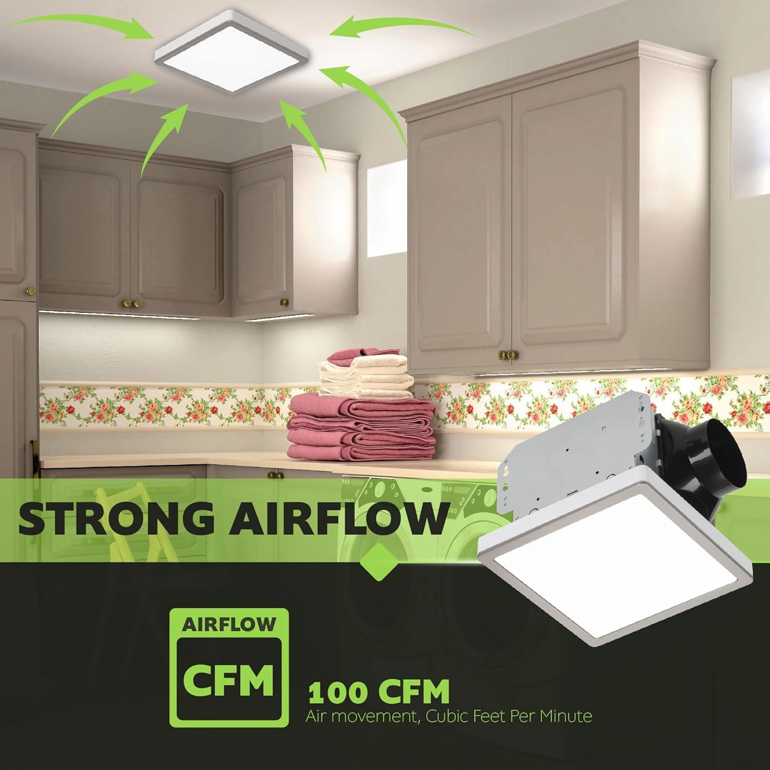 Homewerks 7105-12-BN Bathroom Fan with Light 100-CFM 2 Sones Square Ventilation Fan Dimmable LED Light and Magnetic Trim Ring Brushed Nickel