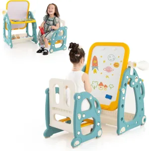 HONEY JOY Kids Art Easel, 4-in-1 Toddler Table & Chair Set w/Adjustable Magnetic Whiteboard, 8 Markers, Ring Toss, Telescope, Bottom Storage Shelf, Painting Dry Erase, Easel for Kids Ages 1-8