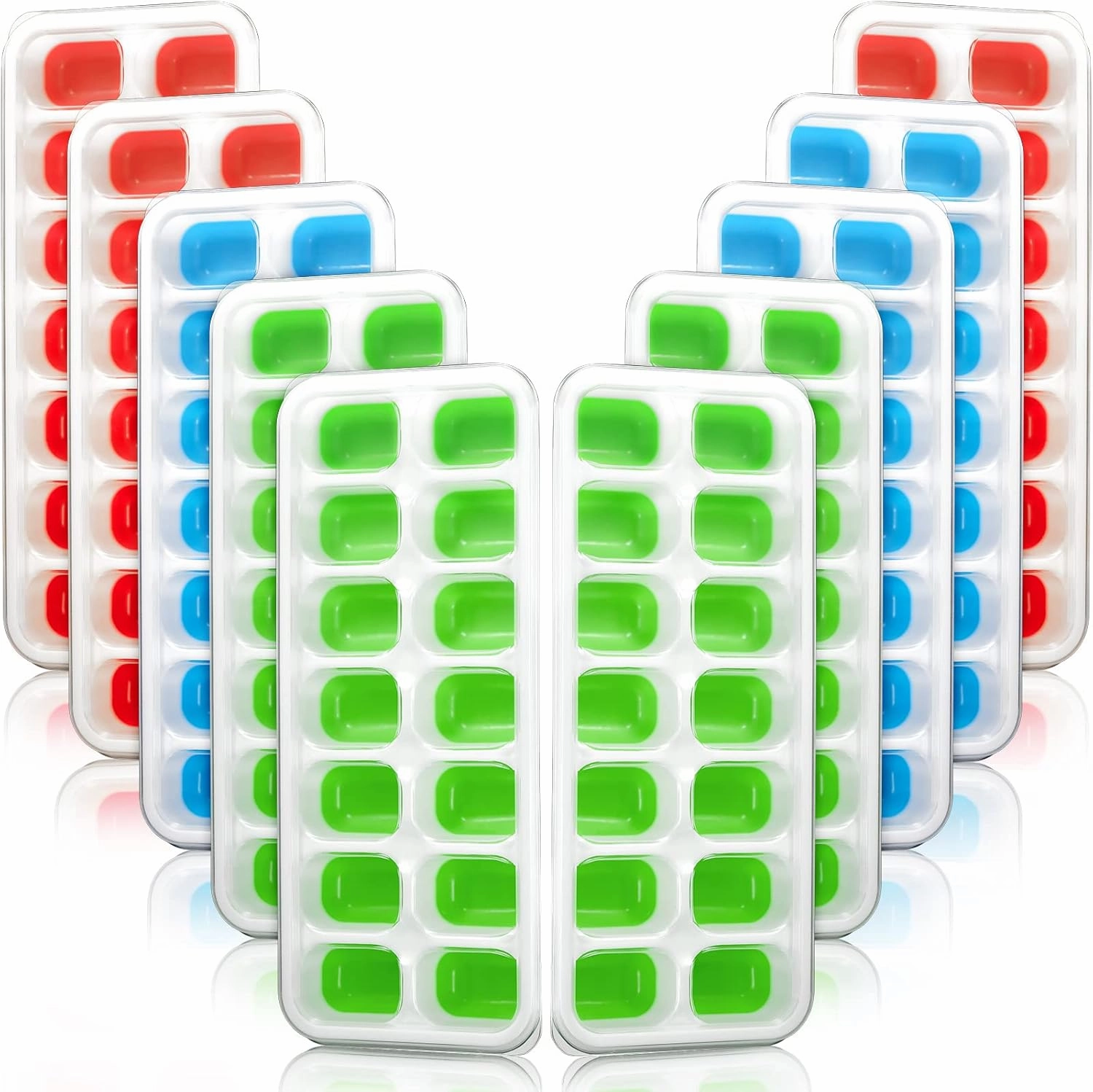 Honeydak 10 Pack Ice Cube Trays for Freezer Silicone 14 Ice Cube Trays with Lid Stackable Silicone Mold for Drinks Fruit Yogurt Cocktail Coffee(Green, Blue, Red)
