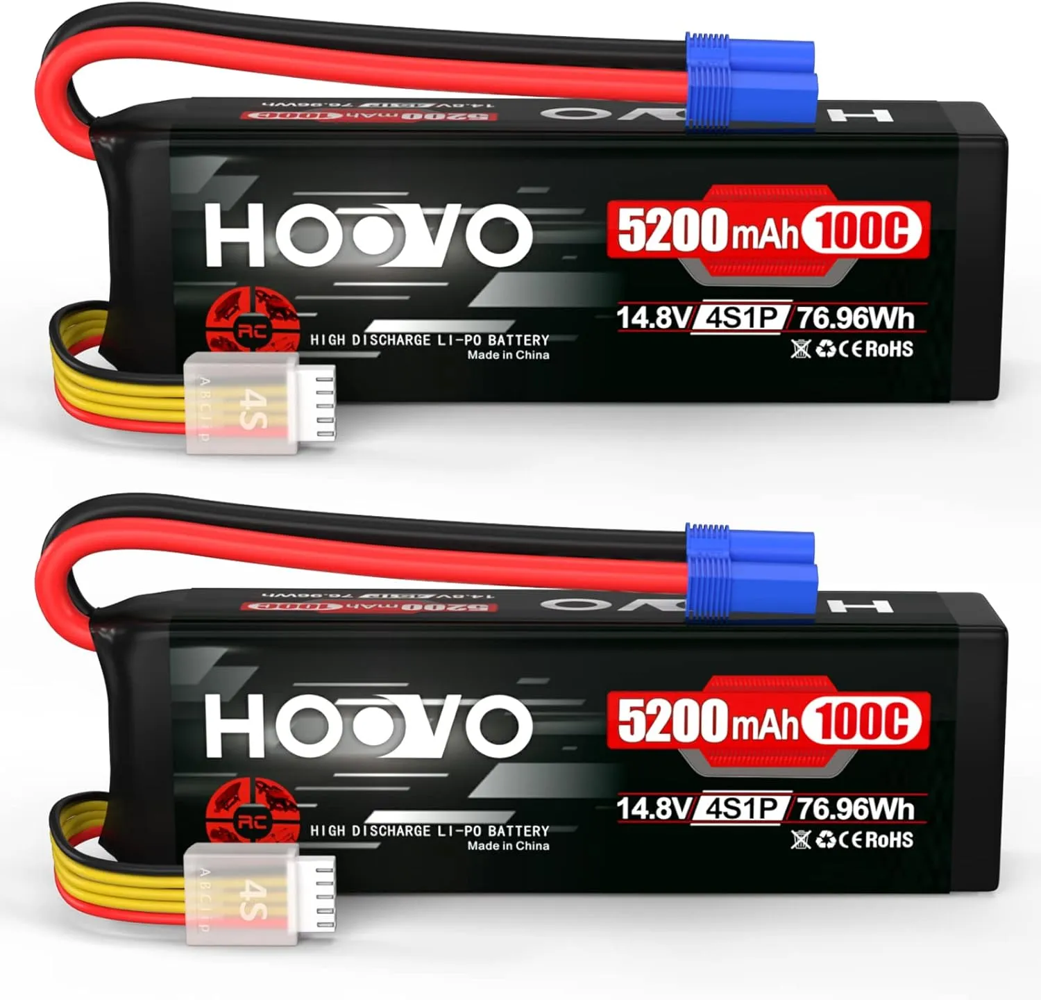HOOVO 14.8V 100C 5200mAh 4S Lipo Battery with EC5 Connector Soft Case for RC Car Truck Truggy Buggy Tank RC Airplane Helicopter Boat Car Racing (2 Pack)