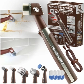 Horsepower Pocket Pony, AS-SEEN-ON-TV, Waterproof, Cordless, Pocket-Sized, Oscillating Power Scrubber, Deep Clean, Tight Spaces, Rechargeable, Grout Lines, Corners & Detailing, 5 Brush Heads & LED