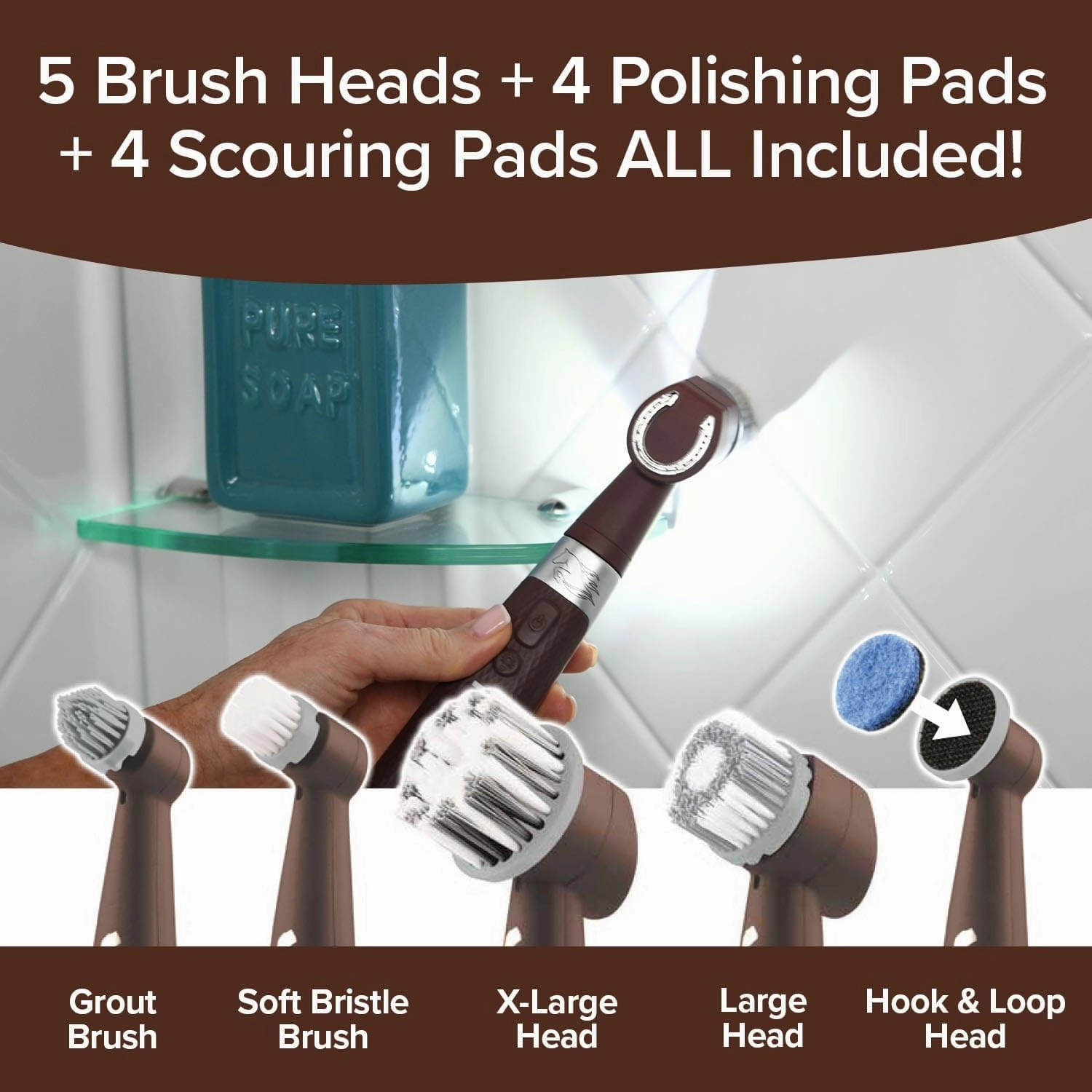 Horsepower Pocket Pony, AS-SEEN-ON-TV, Waterproof, Cordless, Pocket-Sized, Oscillating Power Scrubber, Deep Clean, Tight Spaces, Rechargeable, Grout Lines, Corners & Detailing, 5 Brush Heads & LED