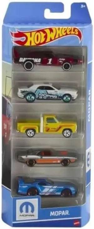 Hot Wheels Mopar 5 Pack, 1:64 Scale, '08 Challenger SRT8, '70 Hemi Challenger, Viper GTS-R, Li'l Red Express Truck, '69 Charger Daytona