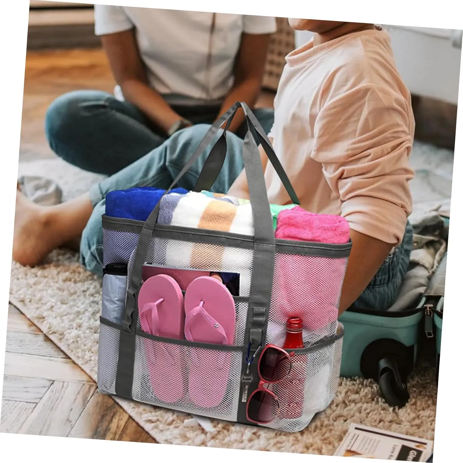 Housoutil 2pcs Portable Beach Toiletry for Toy with Organizers Use Multifunctional Mesh Bag Handle Basket, Whitex4pcs, 59x36cmx4pcs