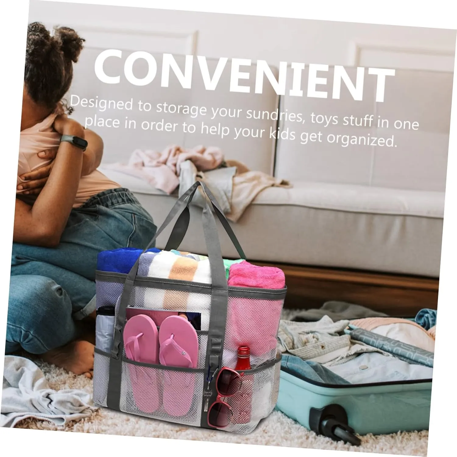 Housoutil 2pcs Portable Beach Toiletry for Toy with Organizers Use Multifunctional Mesh Bag Handle Basket, Whitex4pcs, 59x36cmx4pcs