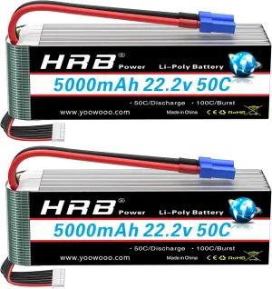 HRB 2pcs 5000mAh 6S Lipo Battery EC5 50C-100C Soft Case 22.2V RC Lipo Battery Compatible for RC Quadcopter Airplane Car Truck 500 600 Helicopter
