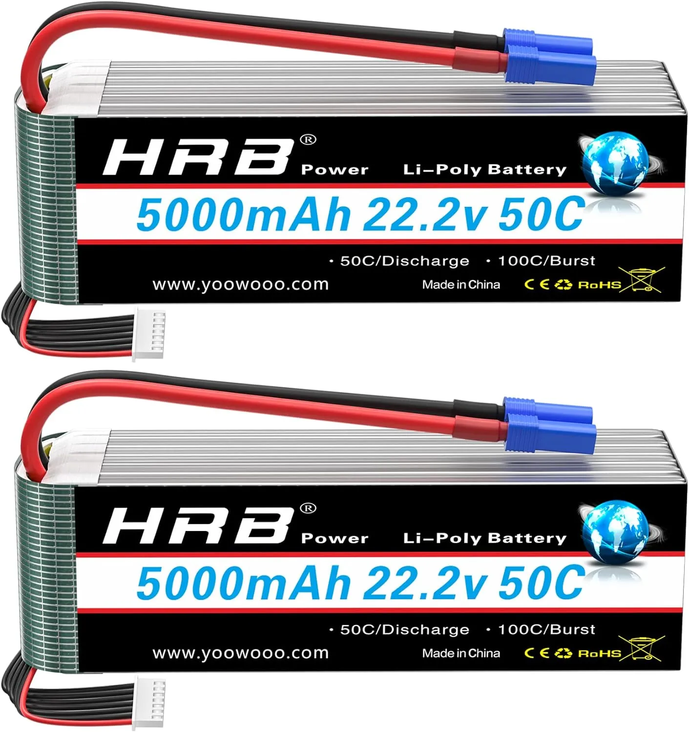 HRB 2pcs 5000mAh 6S Lipo Battery EC5 50C-100C Soft Case 22.2V RC Lipo Battery Compatible for RC Quadcopter Airplane Car Truck 500 600 Helicopter