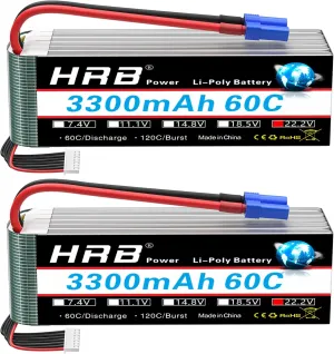 HRB 2pcs 6S 3300mAh Lipo Battery EC5 60C Soft Case 22.2V RC Lipo Batteries Pack Compatible with RC Helicopter Airplane Car Boat Truck