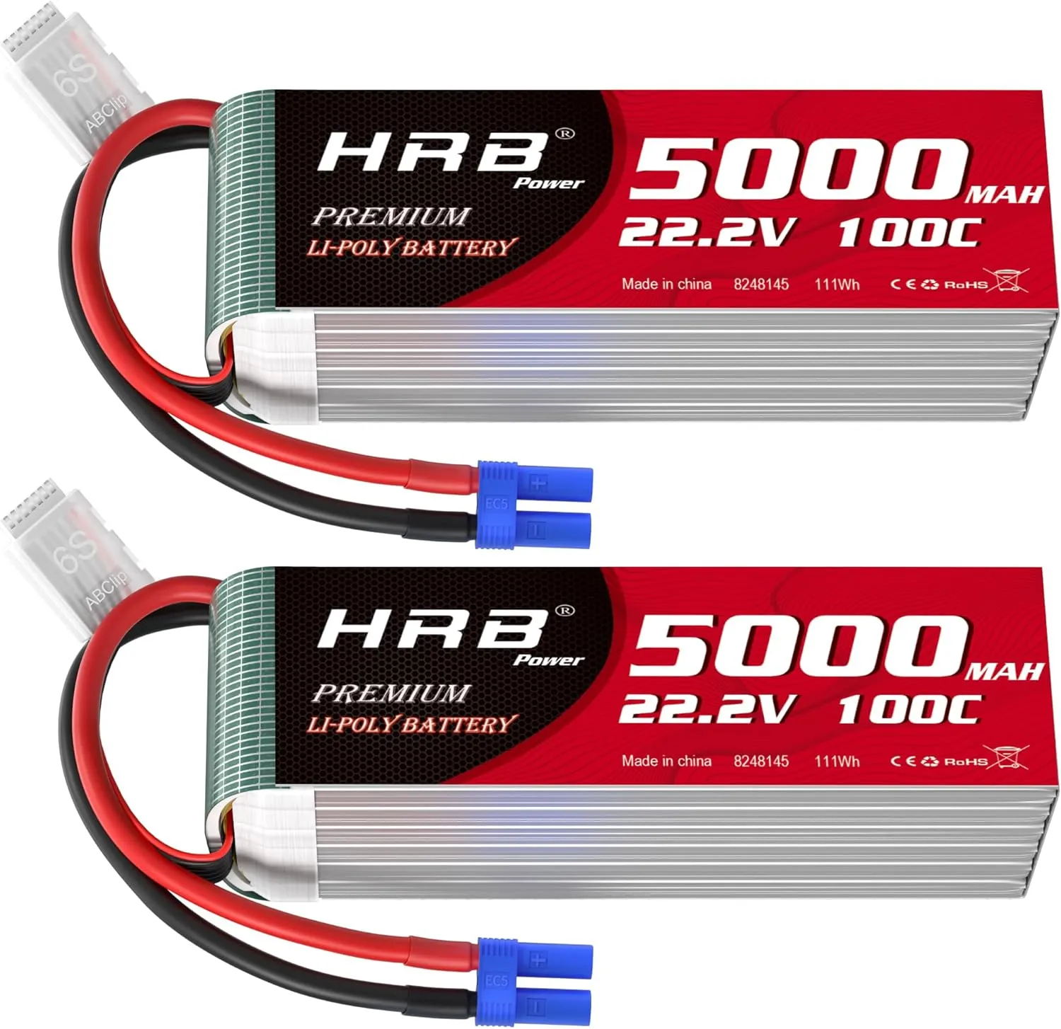 HRB 2pcs 6S 5000mAh 100C EC5 Lipo Battery Soft Case 22.2V RC Lipo Battery Compatible for RC Helicopter Quadcopter Airplane Car Truck