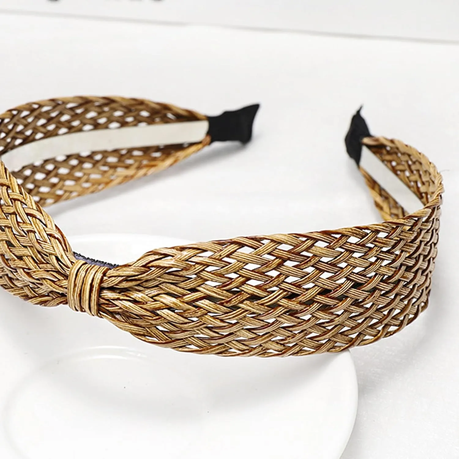 i-lan 4 Pack Simple Rattan Headbands, 6 Inch Comfy White Beige Black Brown Head Bands with 1.6 Inch Width, Boho Padded Hair Band Headwear Hoop for Girls, Ladies, Women Pairing
