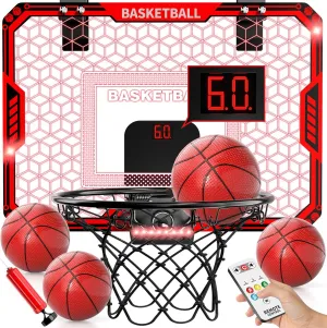 Indoor Basketball Hoop for Kids Boys, Mini Basketball Hoop Indoor Sets Toys with RC 7-Color LED Light, 4 Balls & Scoreboard, Birthday Toys Gifts for 3 4 5 6 7 8 9 10 11 12  Year Old Boys