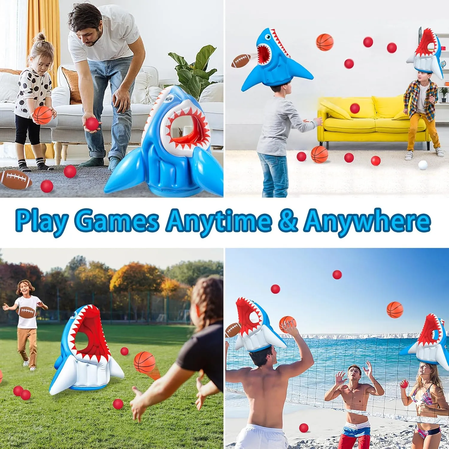 Inflatable Pool Floats, Kids Swimming Pool Toys 3-in-1 Shark Basketball & Football & Head Hoop for 3 4 5 6 7 8 Years Boys Girls Beach Backyard Party Water Games Birthday Gift