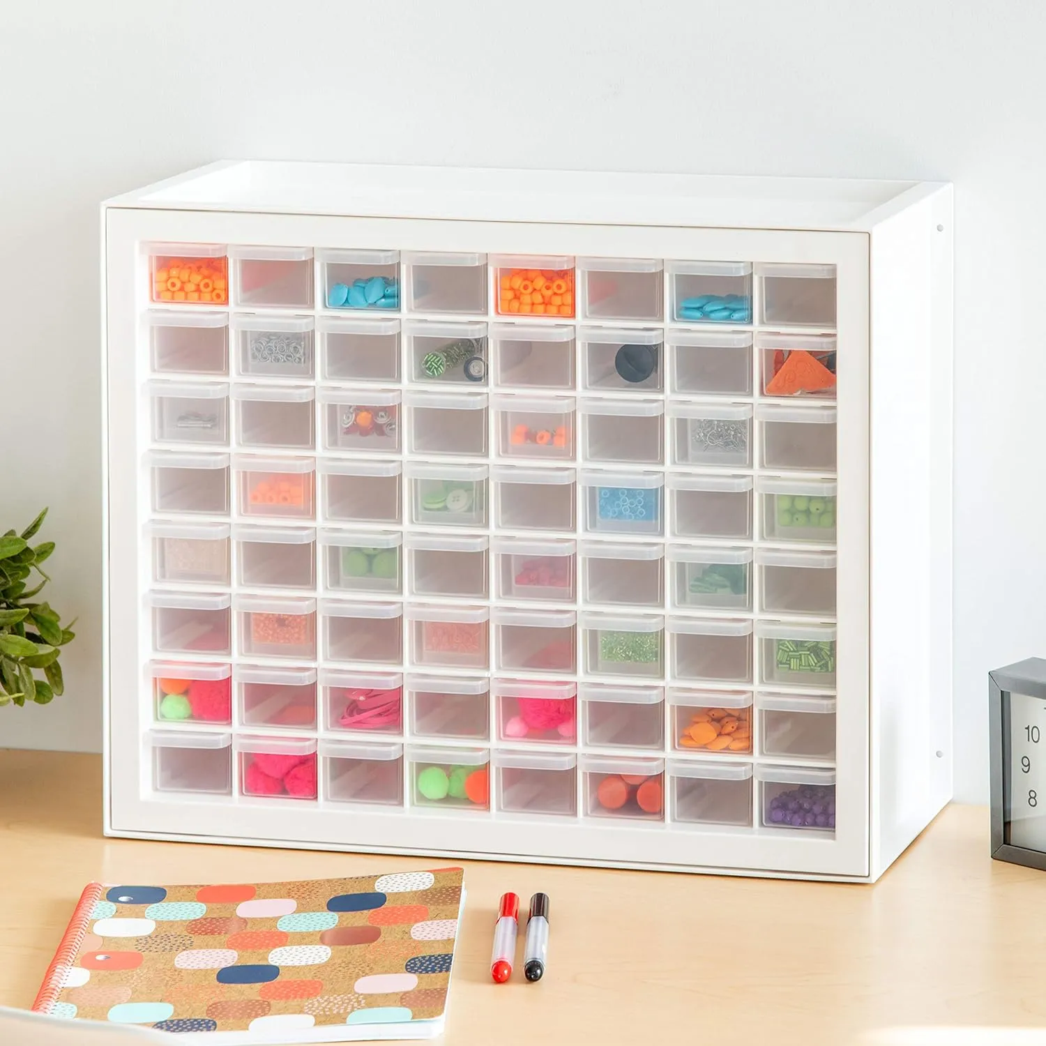 IRIS USA Bead Organizer Storage Bin Drawer Cabinet, 64-Drawer Plastic Organization Chest for Screws Bolts Nails Hardware Small Parts Electronics Charm Tools Scrapbook Art Craft Hobby Supplies - White