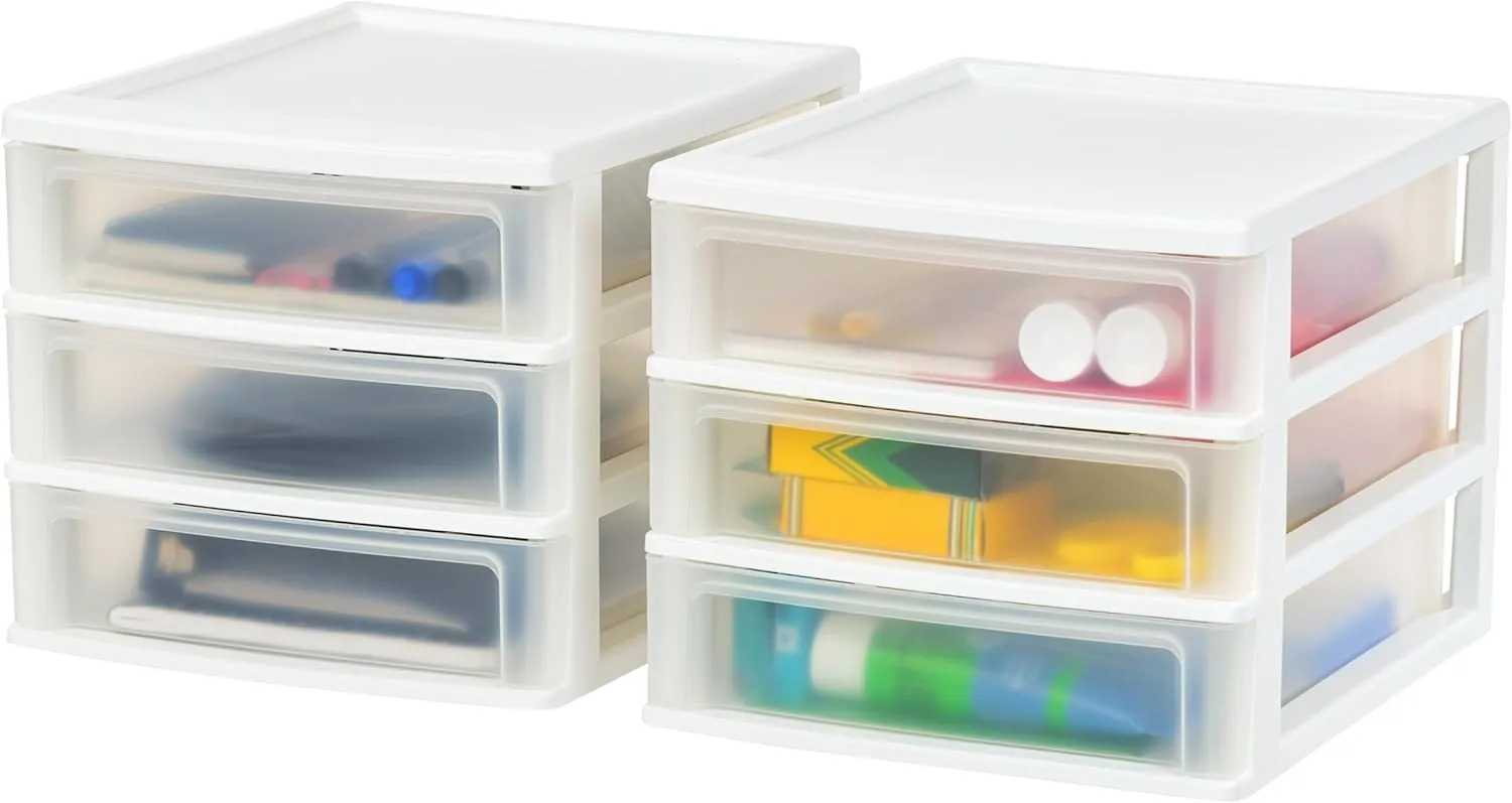 IRIS USA Medium 3-Drawer Desktop Organizer with Open Tray Top, 2 Pack, Plastic Drawer Storage Container for Stationery Art Craft Supplies, White