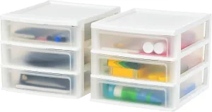 IRIS USA Medium 3-Drawer Desktop Organizer with Open Tray Top, 2 Pack, Plastic Drawer Storage Container for Stationery Art Craft Supplies, White