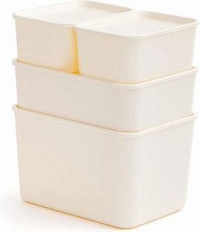 IRIS USA Plastic Modular Basket COMBO (S/M/L), Storage Bins with Lids, Stackable Lidded Storage Organizer Bins for Kitchen, Bathroom and Bedroom, Off White