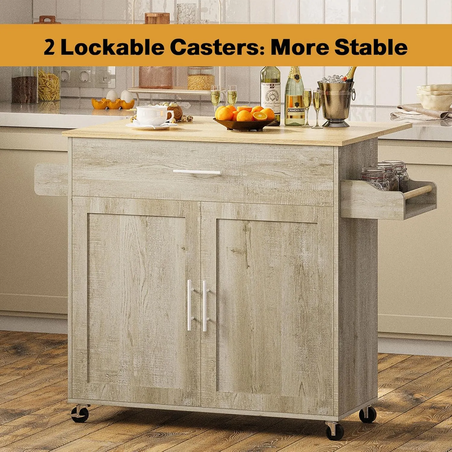IRONCK Kitchen Island Cart with Solid Wood Top and Drop Leaf, 47" W Mobile Carts with Storage Cabinet, Spice Rack, Towel Rack, and Drawer, Portable Islands on Wheels, Rustic Maple