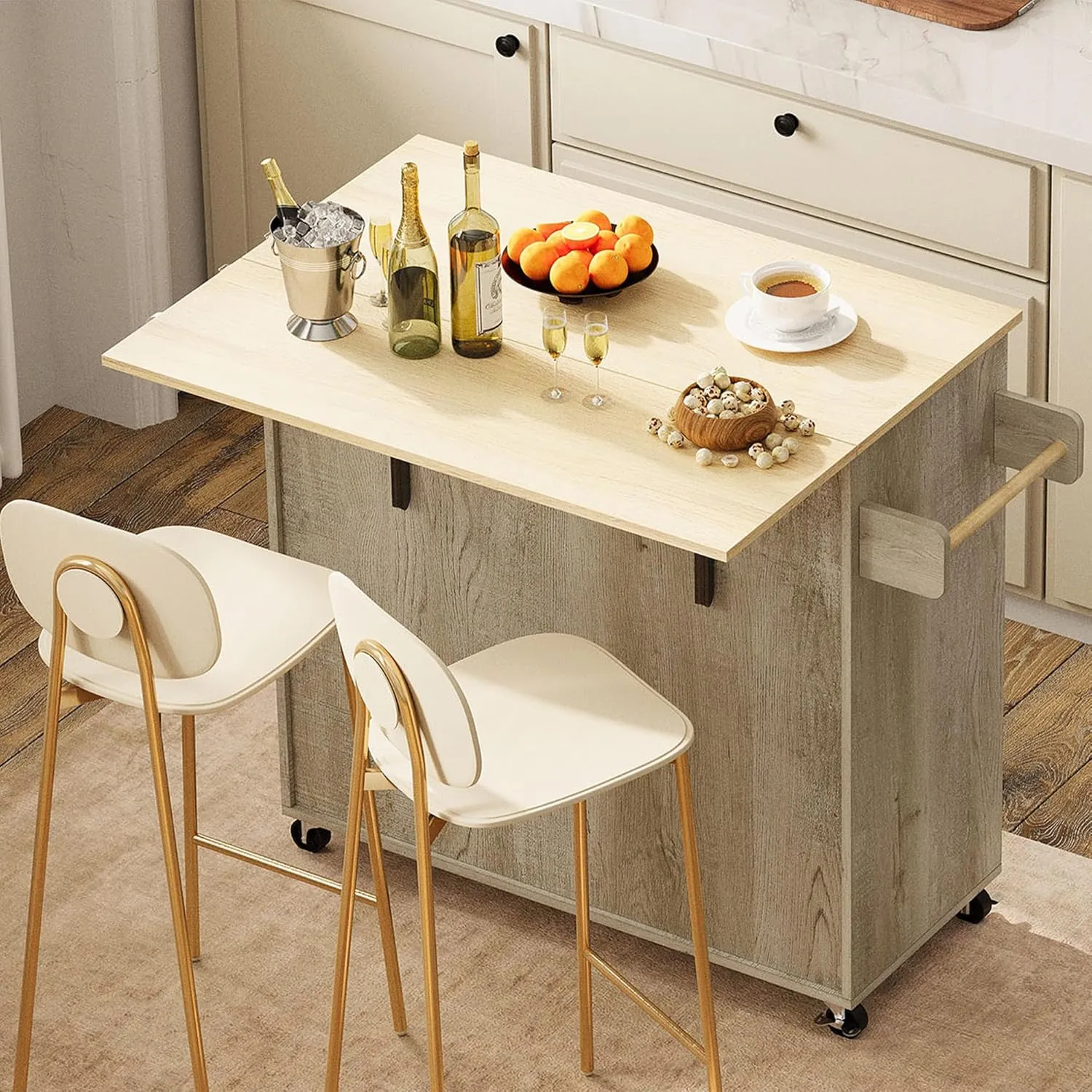IRONCK Kitchen Island Cart with Solid Wood Top and Drop Leaf, 47" W Mobile Carts with Storage Cabinet, Spice Rack, Towel Rack, and Drawer, Portable Islands on Wheels, Rustic Maple