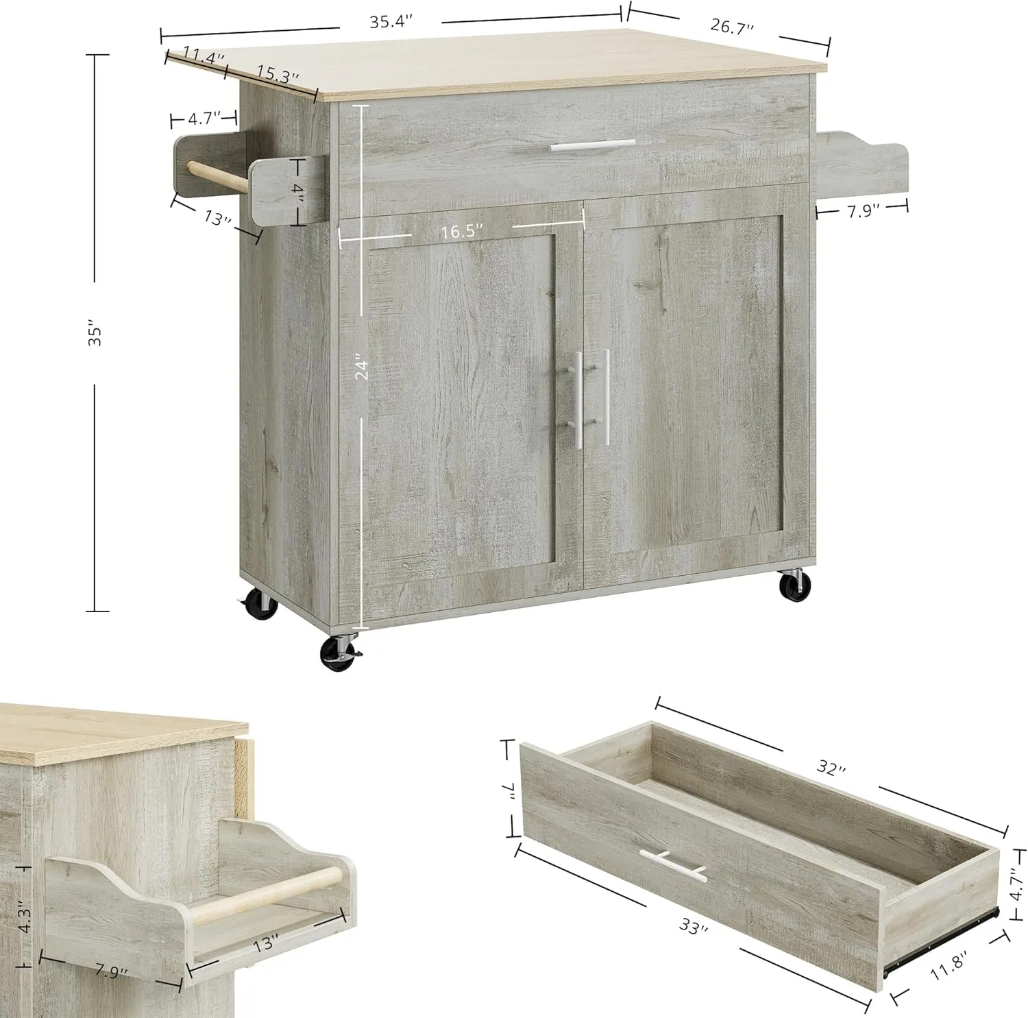 IRONCK Kitchen Island Cart with Solid Wood Top and Drop Leaf, 47" W Mobile Carts with Storage Cabinet, Spice Rack, Towel Rack, and Drawer, Portable Islands on Wheels, Rustic Maple