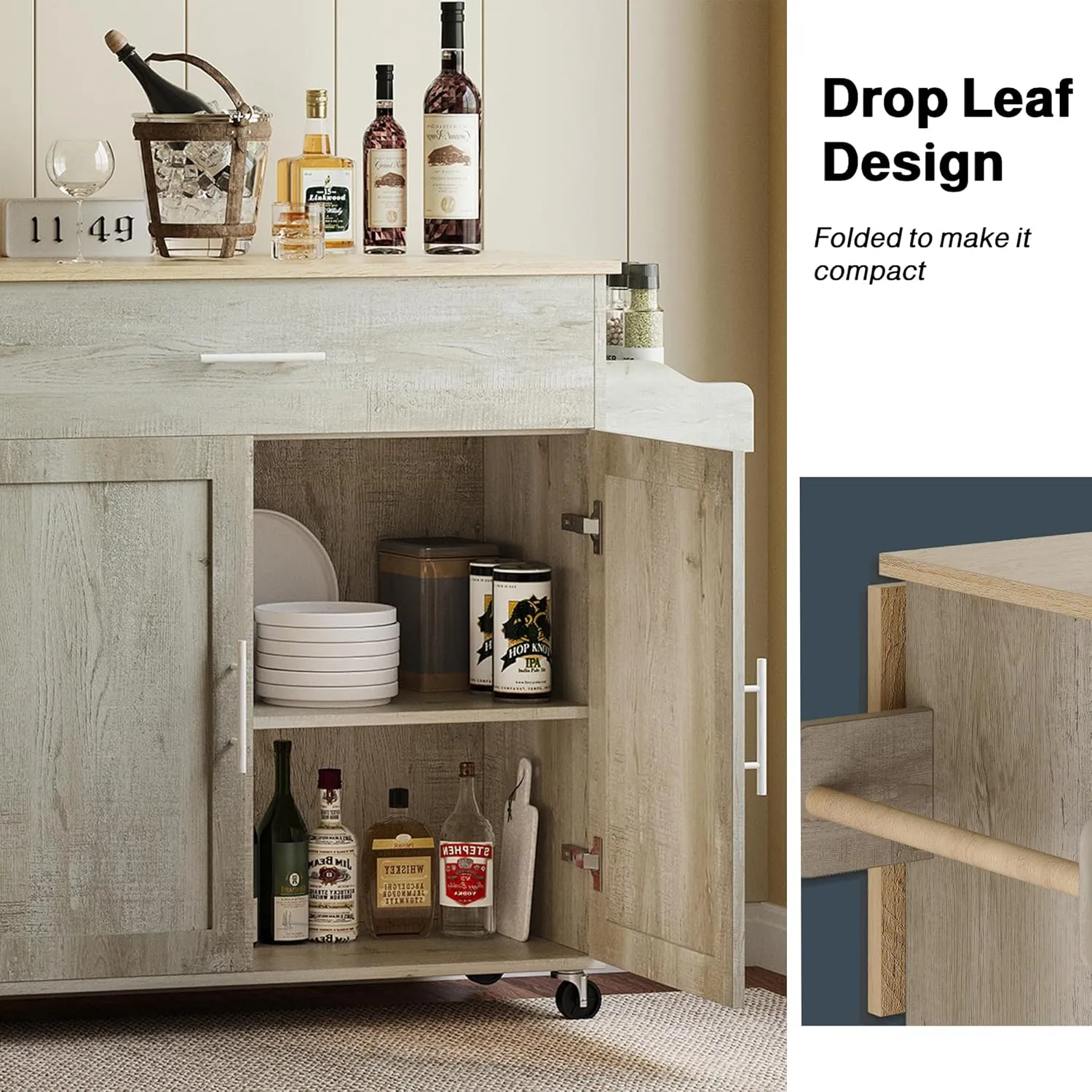 IRONCK Kitchen Island Cart with Solid Wood Top and Drop Leaf, 47" W Mobile Carts with Storage Cabinet, Spice Rack, Towel Rack, and Drawer, Portable Islands on Wheels, Rustic Maple