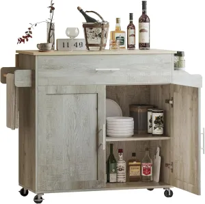 IRONCK Kitchen Island Cart with Solid Wood Top and Drop Leaf, 47" W Mobile Carts with Storage Cabinet, Spice Rack, Towel Rack, and Drawer, Portable Islands on Wheels, Rustic Maple