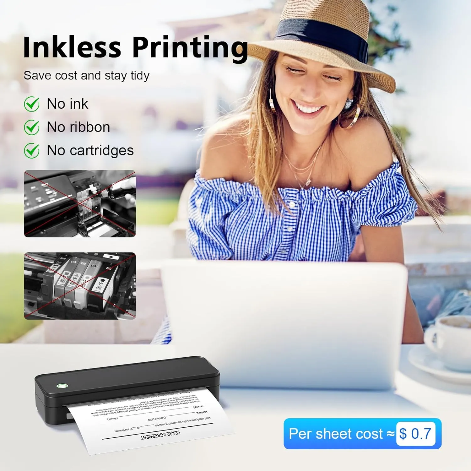 JADENS Portable Thermal Printer with 6 Rolls of Thermal Paper, Inkless Printer Bluetooth & USB, Portable Printers Wireless for Travel, Car and Office