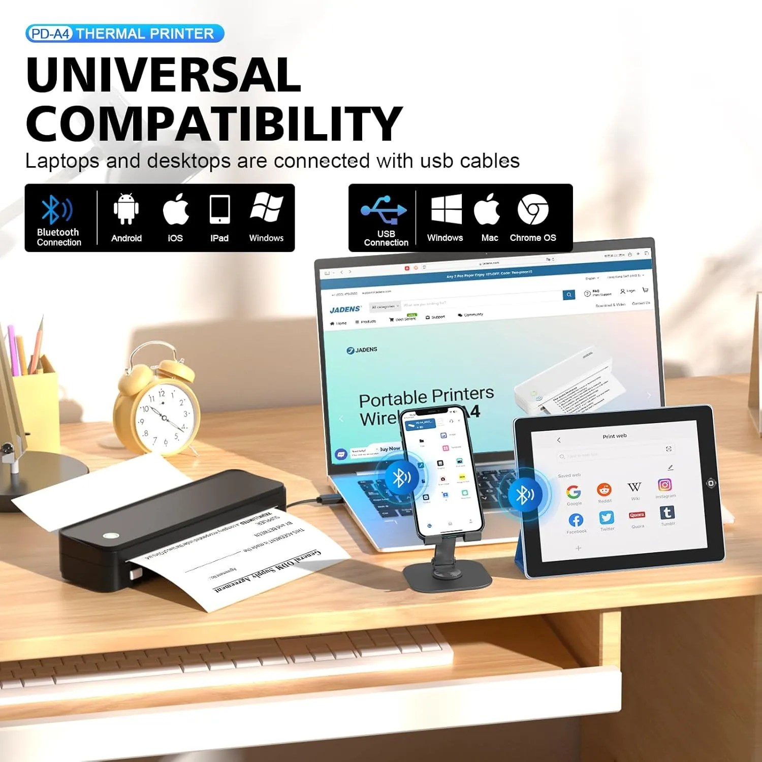 JADENS Portable Thermal Printer with 6 Rolls of Thermal Paper, Inkless Printer Bluetooth & USB, Portable Printers Wireless for Travel, Car and Office