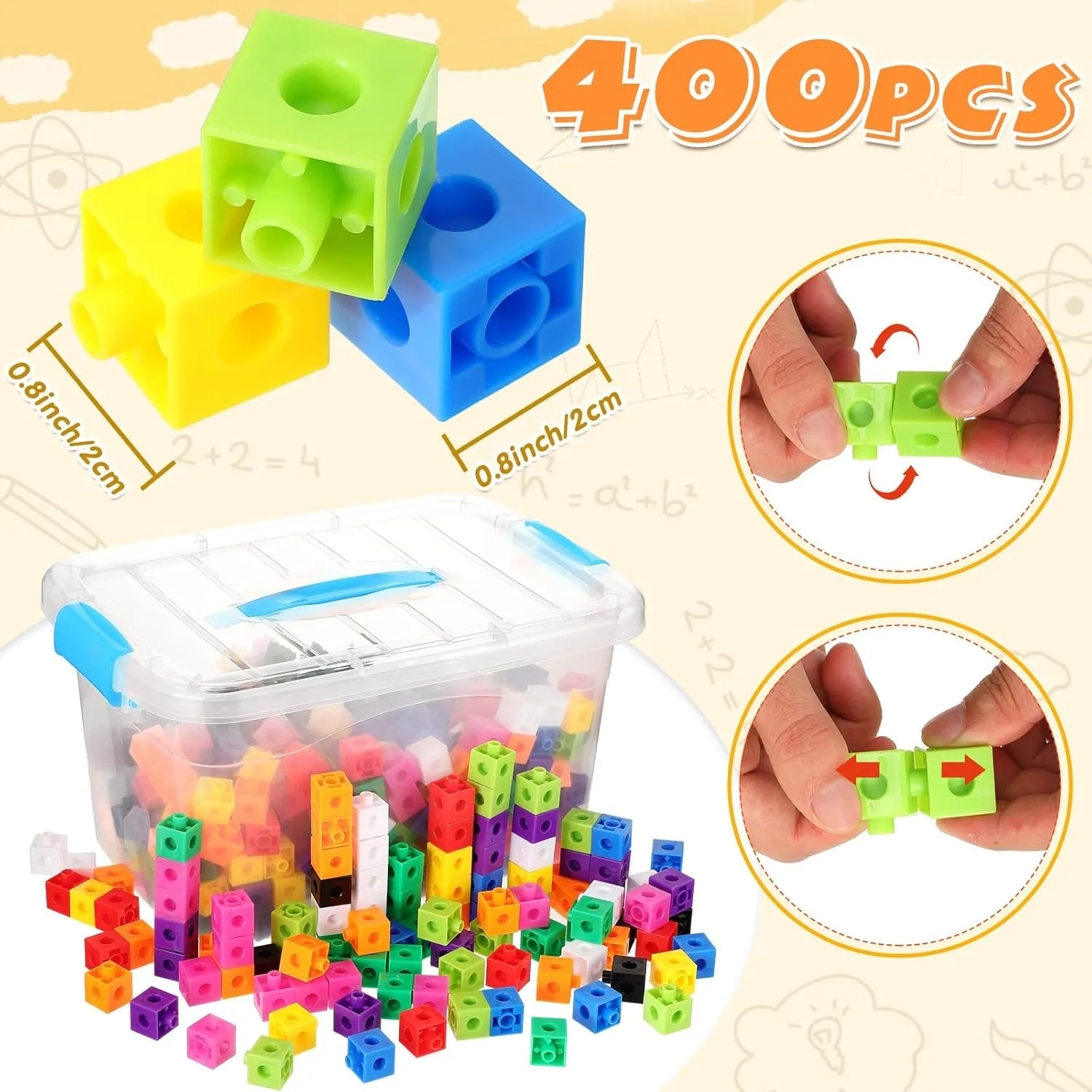 Jenaai 400 Pcs Math Linking Cubes with Storage Box, Plastic Counting Blocks, Colorful Math Cubes, Manipulative Connecting Snap Blocks for Early Math Construction Kindergarten Educational Toy (Blue)